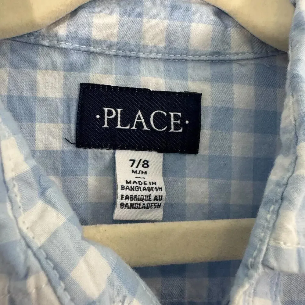 The Children’s Place Boy’s Size Medium 7/8 Blue Gingham Cotton Poplin Shirt